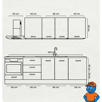 260 Cm Mutfak Dolabı Mdf Kapak Tezgah Dahil Yrkn260 98 Ölçüler