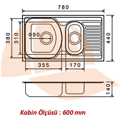 Grahie 78 x 44 Mutfak Eviyesi 7844GR Keten Sol Damlalıklı Ölçüleri