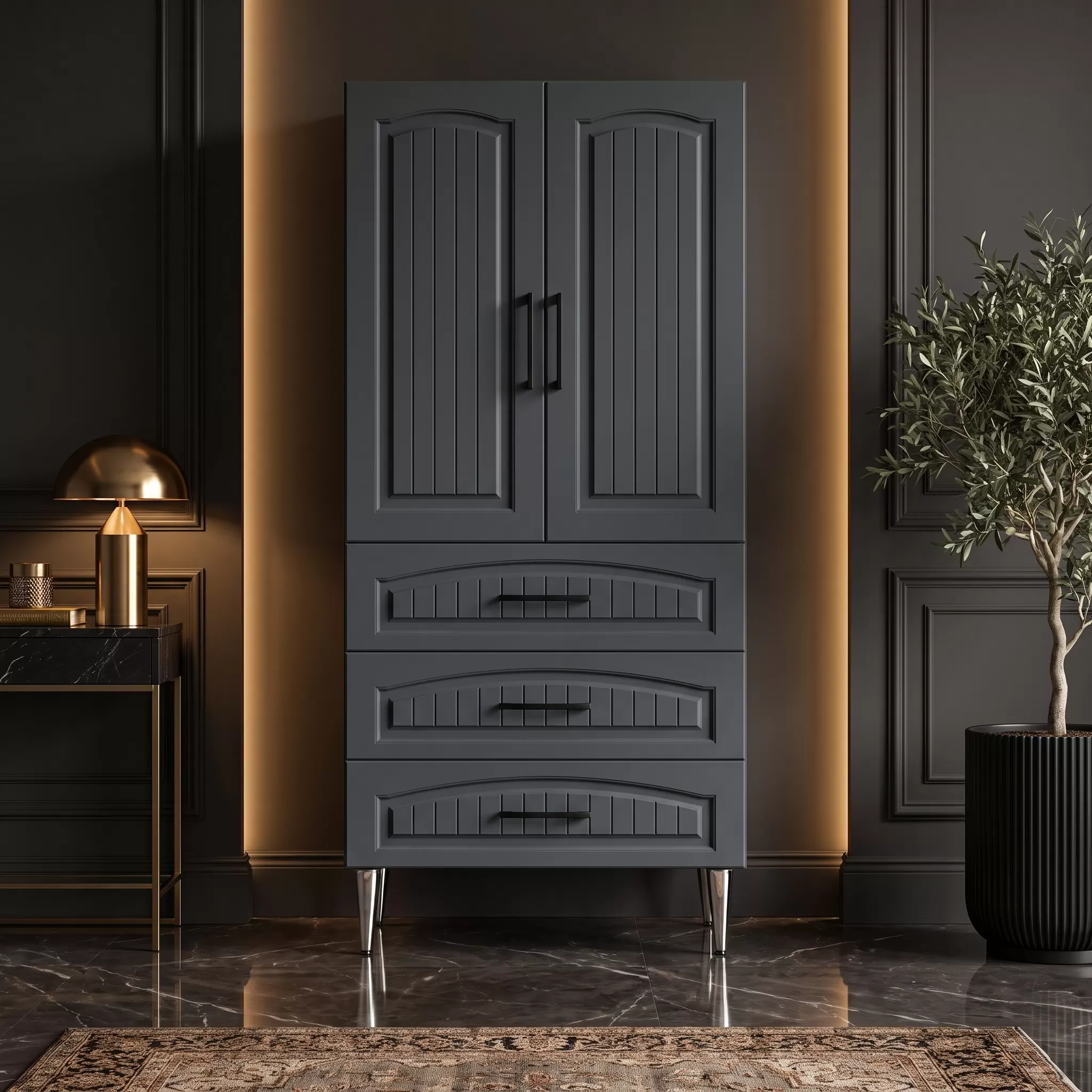 Garda Çok Amaçlı Dolap 60 cm 2 Kapak 3 Çekmece Lake Koyu Gri RAL 7043 - Çok Amaçlı Kiler Dolabı
