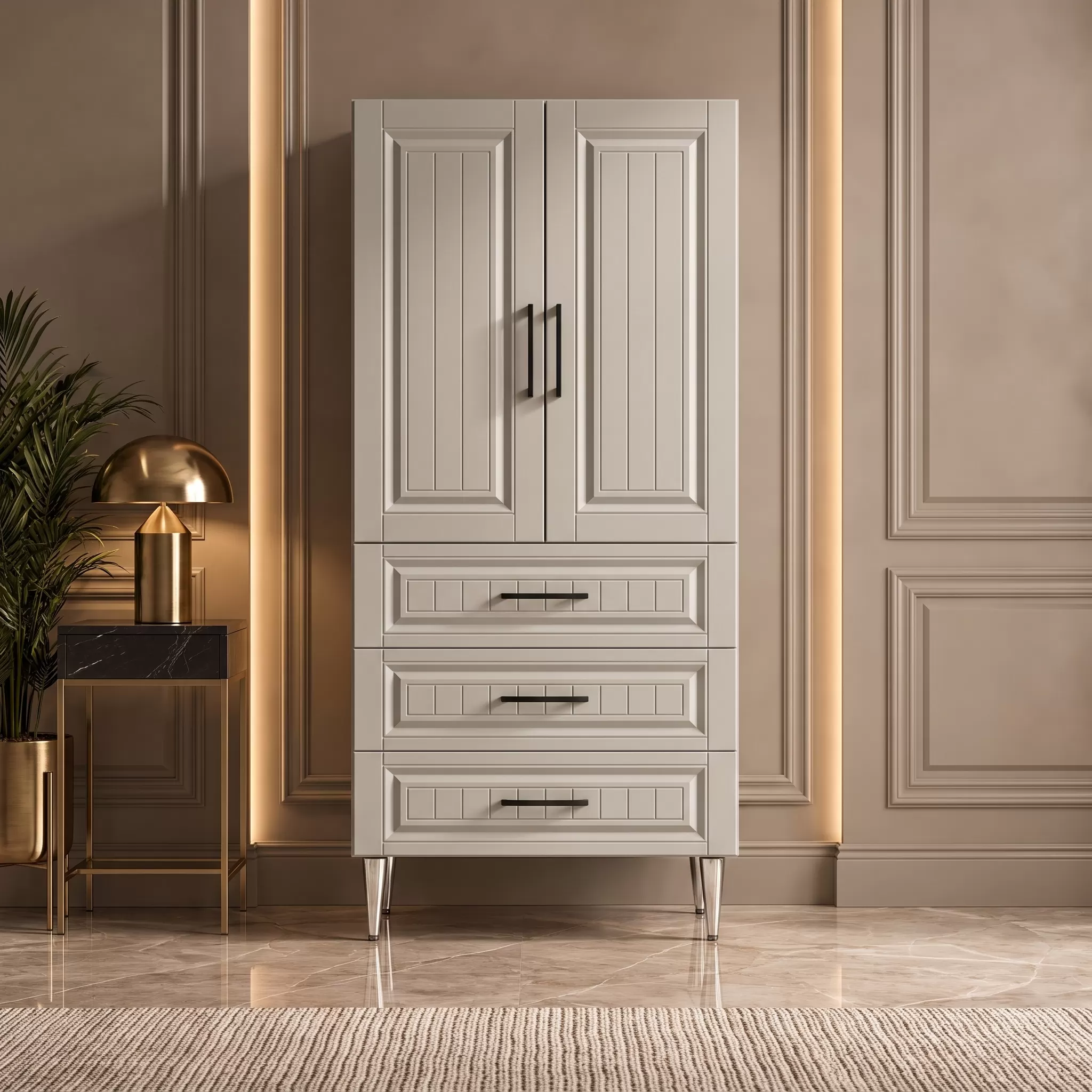 Lausanne Çok Amaçlı Dolap 60 cm 2 Kapak 3 Çekmece Lake İpek Grisi RAL 7044 - Çok Amaçlı Kiler Dolabı