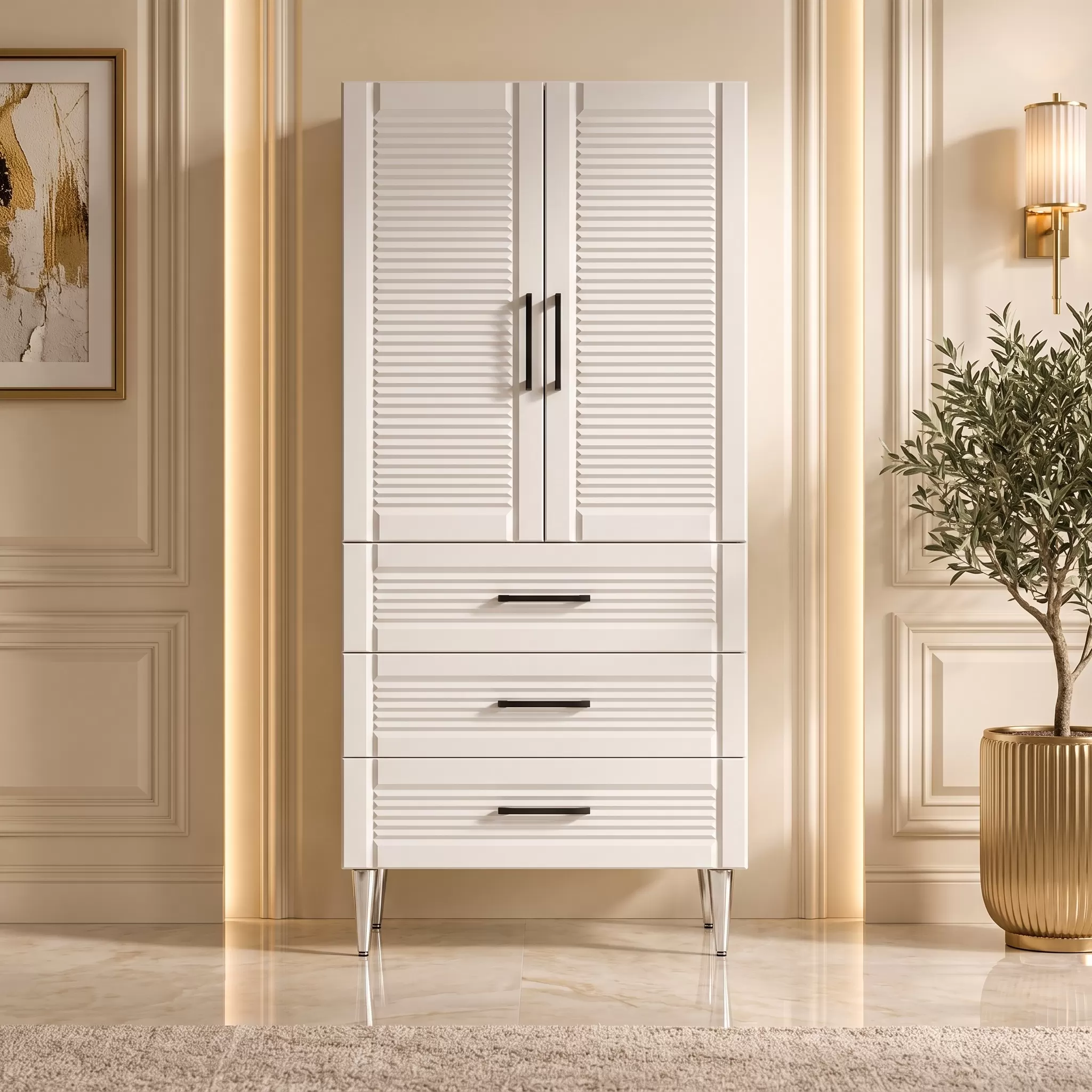 Cernobbio Çok Amaçlı Dolap 60 cm 2 Kapak 3 Çekmece Lake Saf Beyaz RAL 9010 - Çok Amaçlı Erzak Dolabı