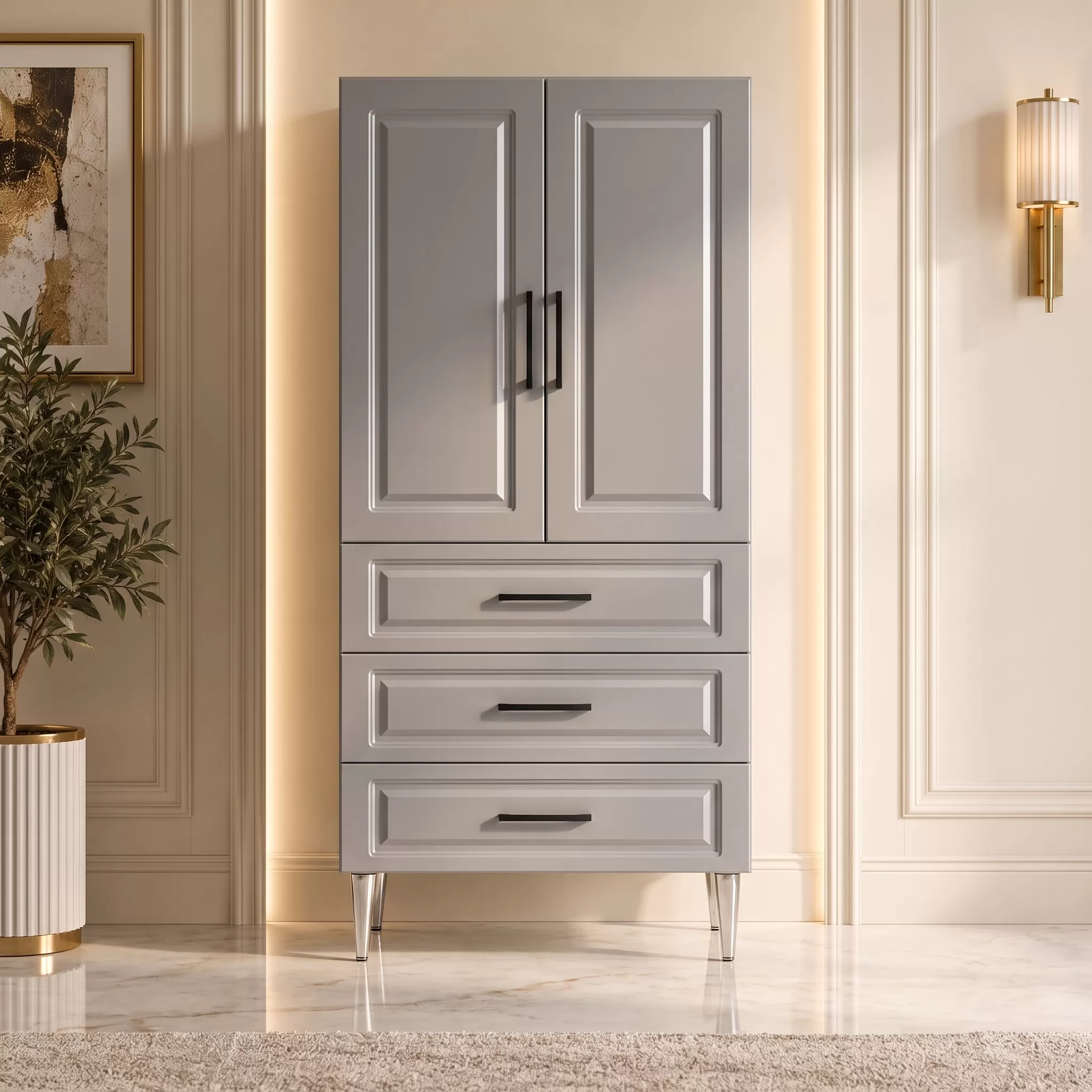 Monte Carlo Çok Amaçlı Dolap 60 cm 2 Kapak 3 Çekmece Parlak Metalik Gri - Çok Amaçlı Mutfak Dolabı