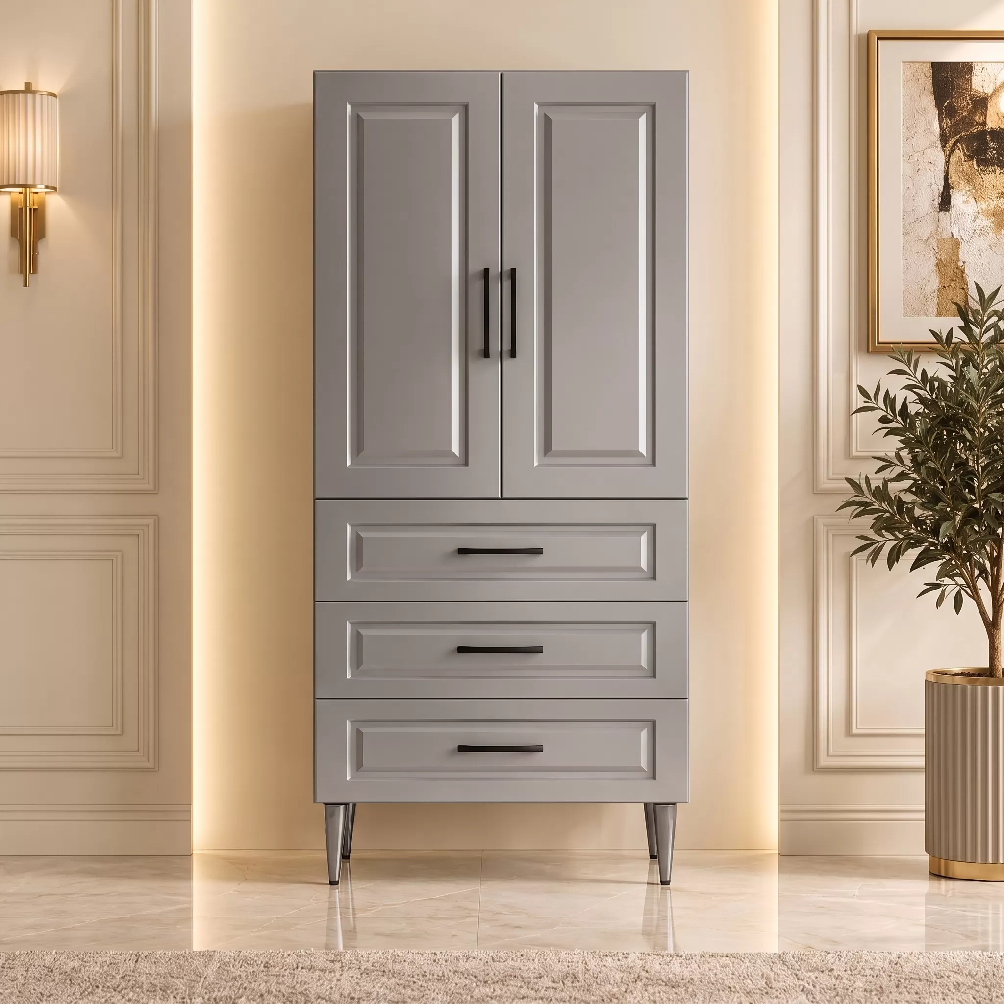 Menton Çok Amaçlı Dolap 60 cm 2 Kapak 3 Çekmece Parlak Metalik Gri - Çok Amaçlı Raflı Dolap