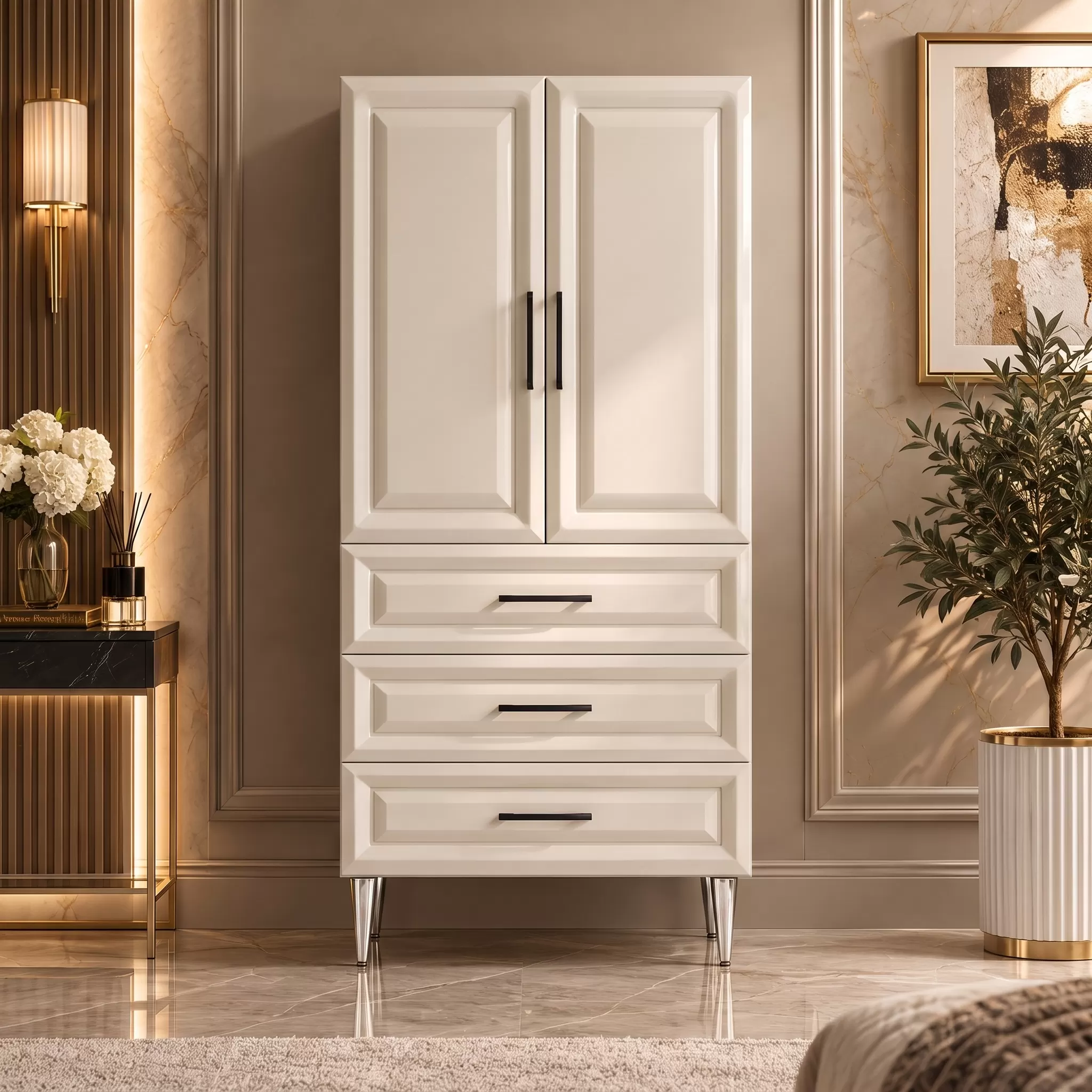 Antibes Çok Amaçlı Dolap 60 cm 2 Kapak 3 Çekmece Parlak Krem - Çok Amaçlı Erzak Dolabı