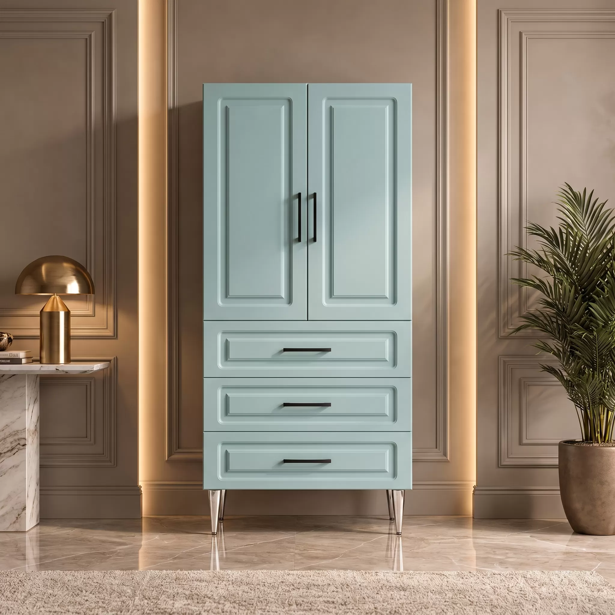 Camogli Çok Amaçlı Dolap 60 cm 2 Kapak 3 Çekmece Soft Retro Yeşil - Çok Amaçlı Mutfak Dolabı