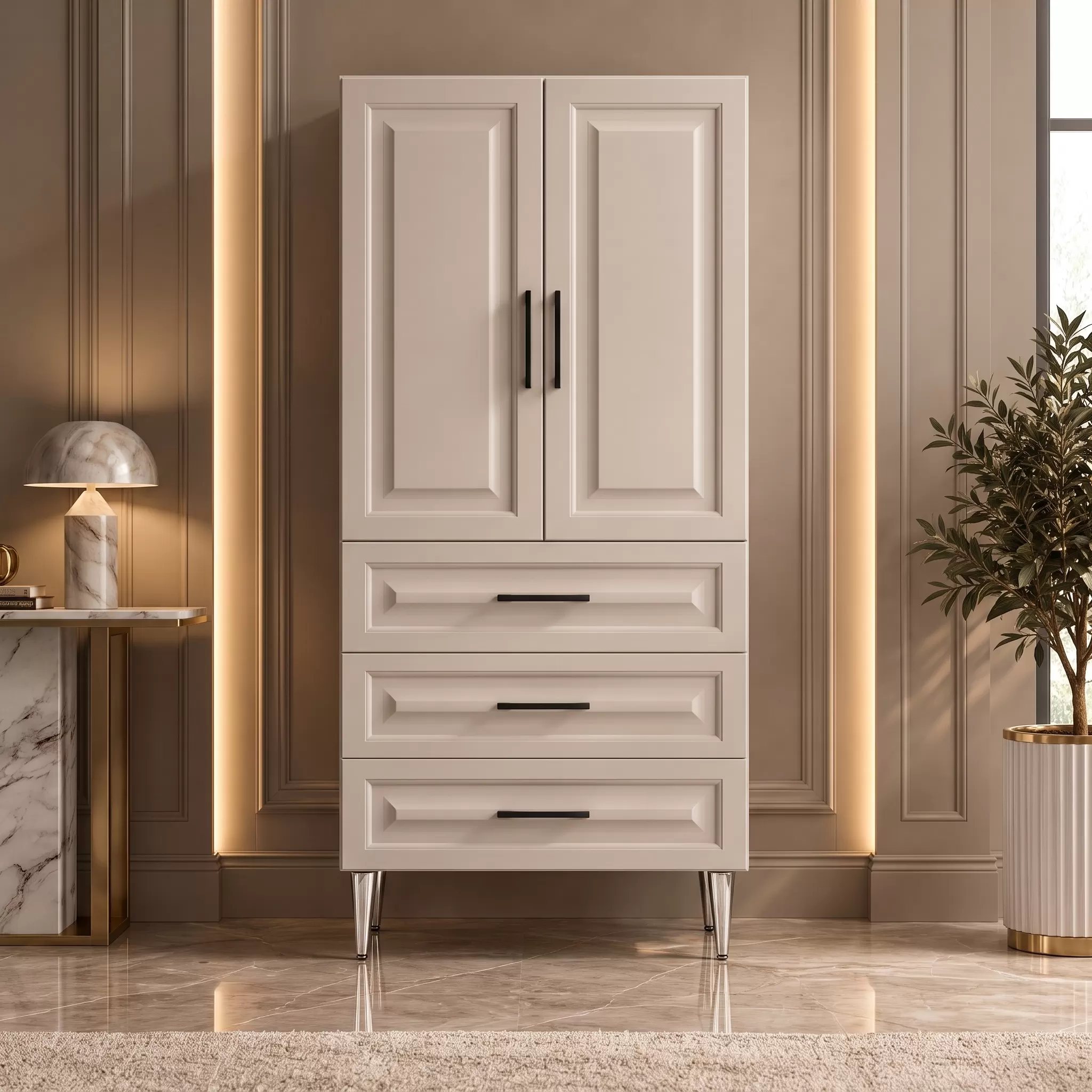 Verona Çok Amaçlı Dolap 60 cm 2 Kapak 3 Çekmece Soft Vizon - Çok Amaçlı Çekmeceli Dolap