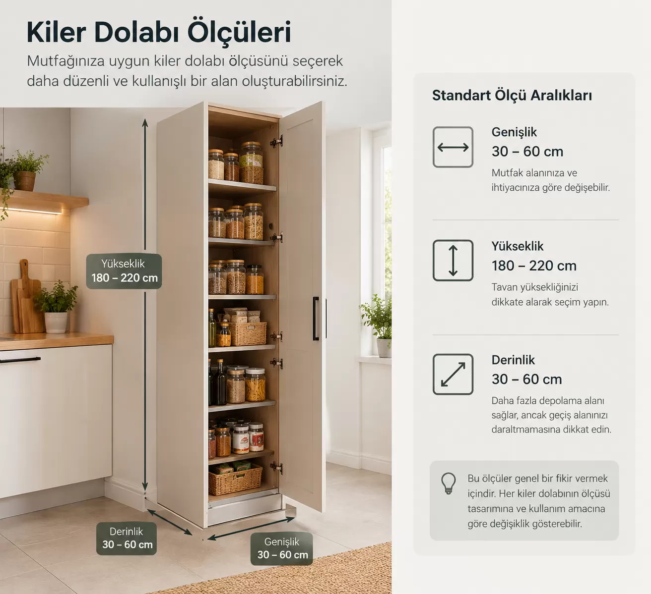 Kiler dolabında genişlik, yükseklik ve derinlik ölçüleri